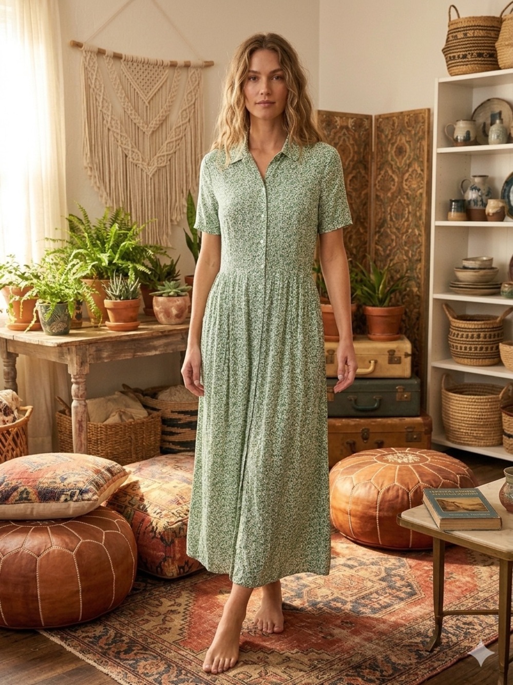 Coco Bianco Green Floral Button-Front Midi Dress